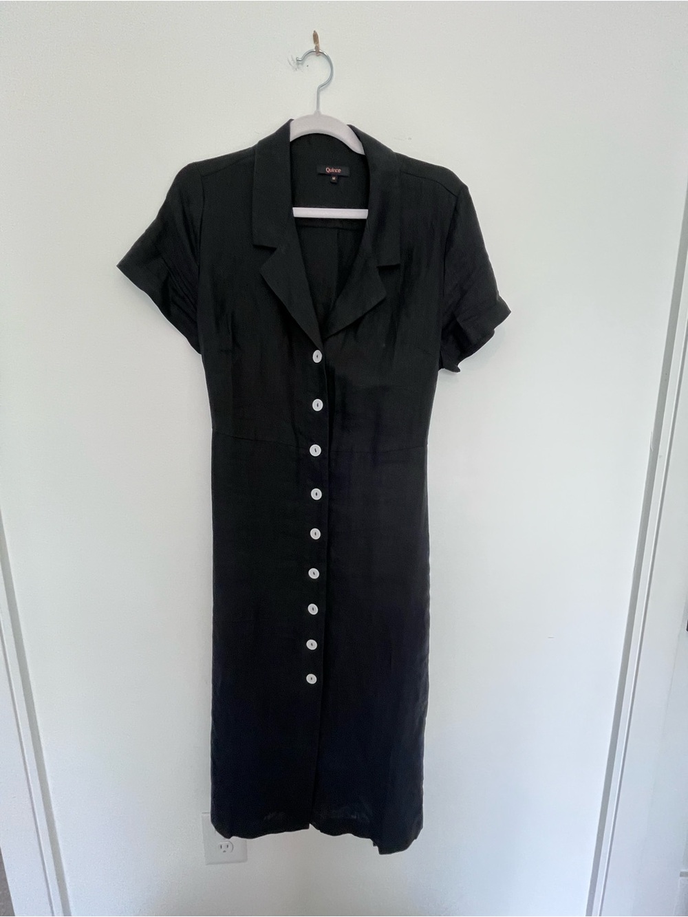 Pact Black Button-Front Short Sleeve Linen Midi Dress